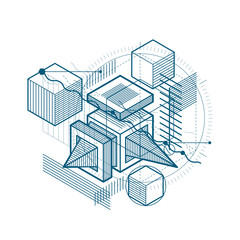 Isometric linear abstract vector background, lined abstraction. Cubes, hexagons, squares, rectangles and different abstract elements.