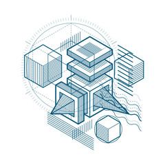 3d abstract vector isometric background. Layout of cubes, hexagons, squares, rectangles and different abstract elements.