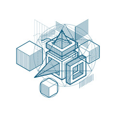 Lines and shapes abstract vector isometric 3d background. Layout of cubes, hexagons, squares, rectangles and different abstract elements.