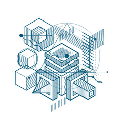 Lines and shapes abstract vector isometric 3d background. Layout of cubes, hexagons, squares, rectangles and different abstract elements.