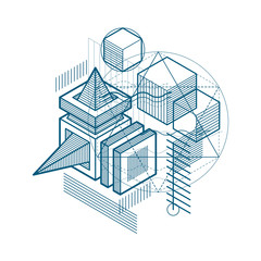 Isometric abstract background with linear dimensional shapes, vector 3d mesh elements. Composition of cubes, hexagons, squares, rectangles and different abstract elements.