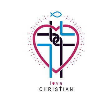 Love of God conceptual symbol combined with Christian Cross and heart, vector creative logo.