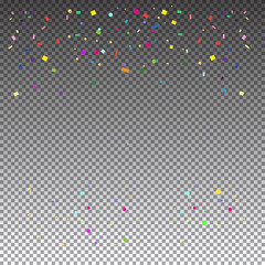 Confetti carnival decoration background. Transparent effect. Bright colorful confetti for festive poster. Vector checkered pattern