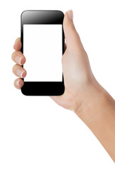Hand with smart phone white screen isolated on white background with clipping path
