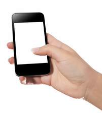Hand with smart phone white screen isolated on white background with clipping path