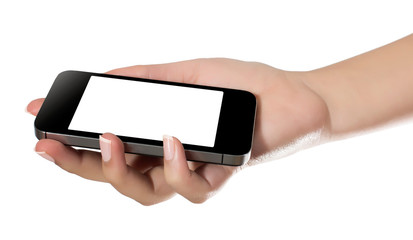 Hand with smart phone white screen isolated on white background with clipping path