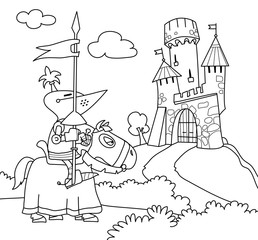 A wandering knight on a horse near the castle. Coloring book. Cartoon vector illustration