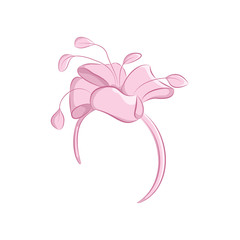 Realistic hair band with a lush flower or bow. Women s fashion accessories. Ideal for wedding or celebration. The pink object isolated on white background. Vector cartoon illustration in hand drawing