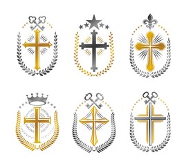 Fototapeta na wymiar Christian Crosses emblems set. Heraldic vector design elements collection. Retro style label, heraldry logo.