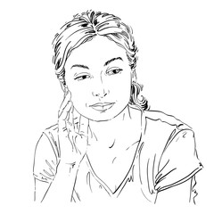 Vector drawing of thinking woman with stylish haircut. Black and white portrait of attractive peaceful and calm lady, model posing.