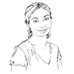 Vector art drawing, portrait of gorgeous happy smiling girl isolated on white. Facial expressions, people positive emotions.