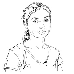 Artistic hand-drawn vector image, black and white portrait of delicate loving peaceful girl. Emotions theme illustration. Gentle and dreamy woman image.