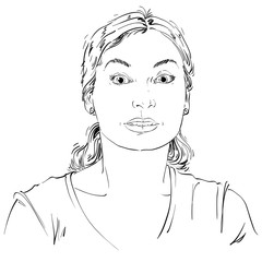 Vector portrait of scared woman, illustration of amazed or frightened female. Person emotional face expression, surprise.