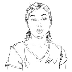 Portrait of skeptic or cynic woman, dizzy girl. Black and white vector drawing. Emotional expressions idea image.