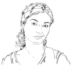 Vector drawing of distrustful woman with stylish haircut. Black and white portrait of doubter lady, do not lie to me.