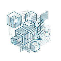 Abstract design with 3d linear mesh shapes and figures, vector isometric background. Cubes, hexagons, squares, rectangles and different abstract elements.