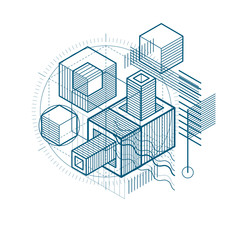 Isometric abstract background with lines and other different elements, vector abstract template. Composition of cubes, hexagons, squares, rectangles and different abstract elements.