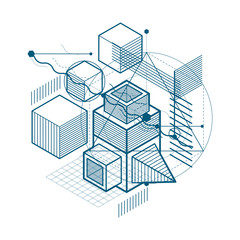 Abstract background with isometric elements, vector linear art with lines and shapes. Cubes, hexagons, squares, rectangles and different abstract elements.