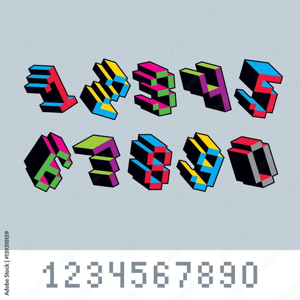 Poster vector digits, numerals created in 8 bit style. pixel art numbers set, 3d mathematics design element