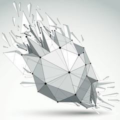 3d vector low poly object with black connected lines and dots, geometric wireframe shape with refractions. Asymmetric perspective shattered grayscale form with thread.