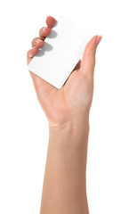 Woman hand hold virtual business card, credit card or blank paper isolated on white background.Clipping path included