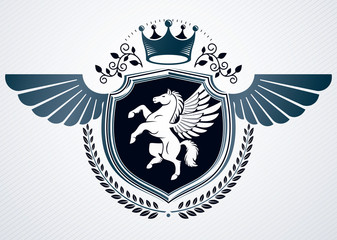 Fototapeta premium Vector retro insignia design decorated using vintage elements like royal crown and Pegasus