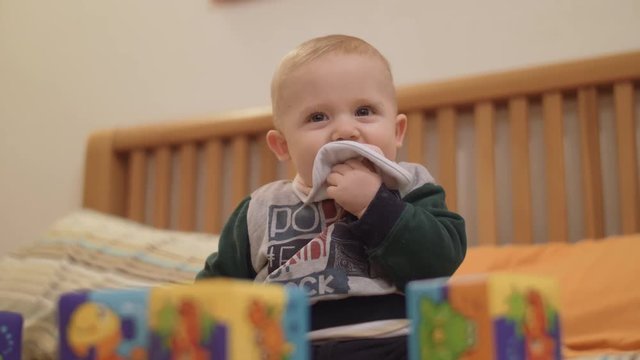 A cute little boy is looking into the camera and smiling
