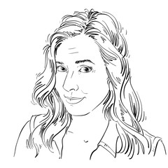 Monochrome vector hand-drawn image, naive young woman making innocent face. Black and white illustration of blameworthy girl, I am sorry.