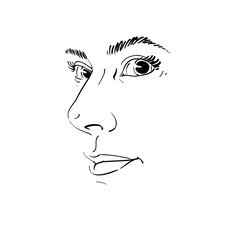 Vector drawing of pensive woman thinking about something. Black and white portrait of attractive still lady, visage features.