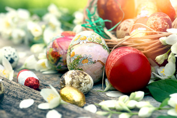 Easter eggs on rustic table - Easter decorations on rustic wooden table