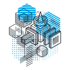 Isometric abstract background with lines and other different elements, vector abstract template. Composition of cubes, hexagons, squares, rectangles and different abstract elements.