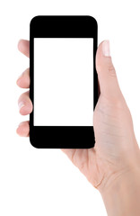 Hand with smart phone white screen isolated on white background with clipping path