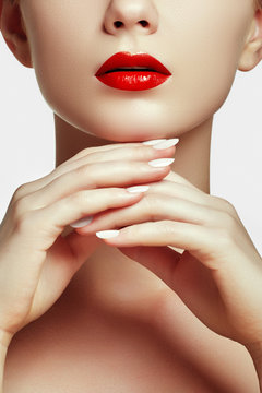 Sexy red lips. Beautiful lip makeup. Sensual Open Mouth with. Lipstick and lip gloss. Fashion make up