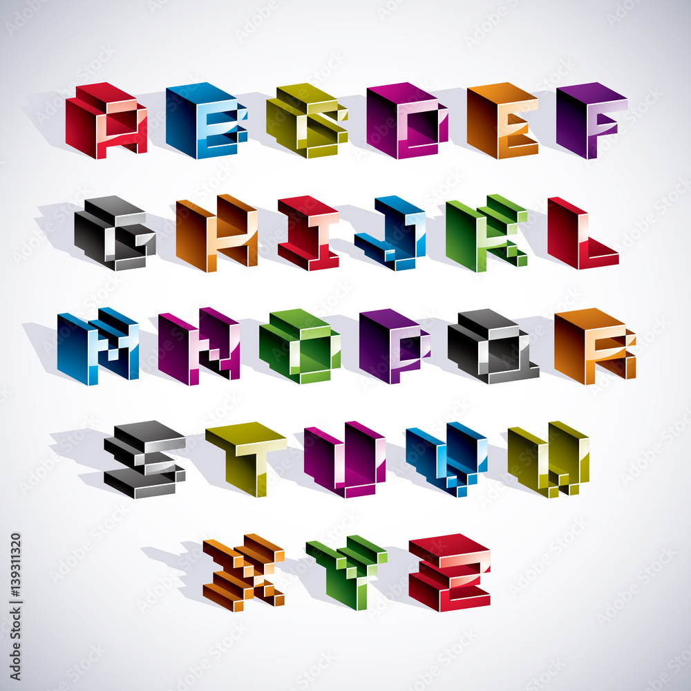 Poster vector font, typescript created in 8 bit style. pixel art contemporary capital letters set, 3d digit