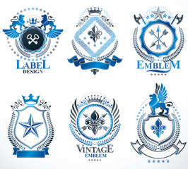 Naklejka premium Vector vintage heraldic Coat of Arms designed in award style. Medieval towers, armory, royal crowns, stars and other graphic design elements collection.