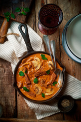 Beef Stroganoff with mushroom in iron pan