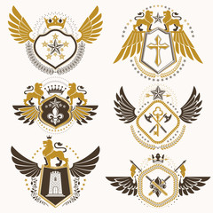 Vector classy heraldic Coat of Arms. Collection of blazons stylized in vintage design and created with graphic elements, royal crowns and flags, stars, towers, armory, religious crosses.