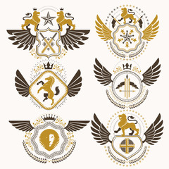 Vector classy heraldic Coat of Arms. Collection of blazons stylized in vintage design and created with graphic elements, royal crowns and flags, stars, towers, armory, religious crosses.