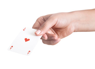 playing cards in hand isolated on white background