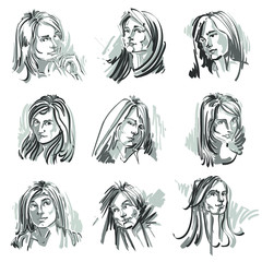 Attractive ladies vector portraits collection, silhouettes of ladies. Grayscale art drawings, graphic images with strokes. Personality emotions.