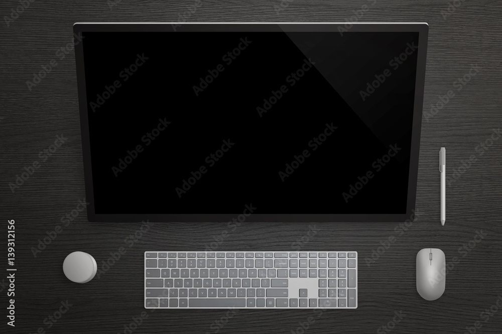 Leinwandbilder Surface studio with computer display with touch screen. Horizontal position for pen use. Dial tool beside for color and tool selection. Keyboard and mouse. Blank screen for mockup. Top view.
