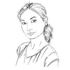 Hand-drawn art portrait of white-skin romantic woman, face emotions theme illustration. Beautiful lady posing on white background, tenderness.