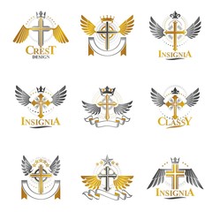 Christian Crosses emblems set. Heraldic Coat of Arms decorative logos isolated vector illustrations collection.
