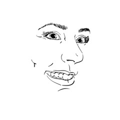 Hand-drawn vector illustration of beautiful smiling woman. Monochrome image, expressions on face of sincere young lady.