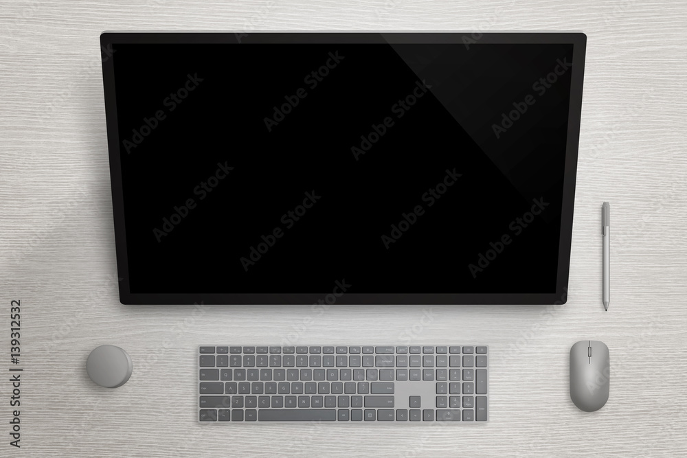 Poster big touch screen display on gray surface board. pen, mouse, keyboard and dial beside. top view.