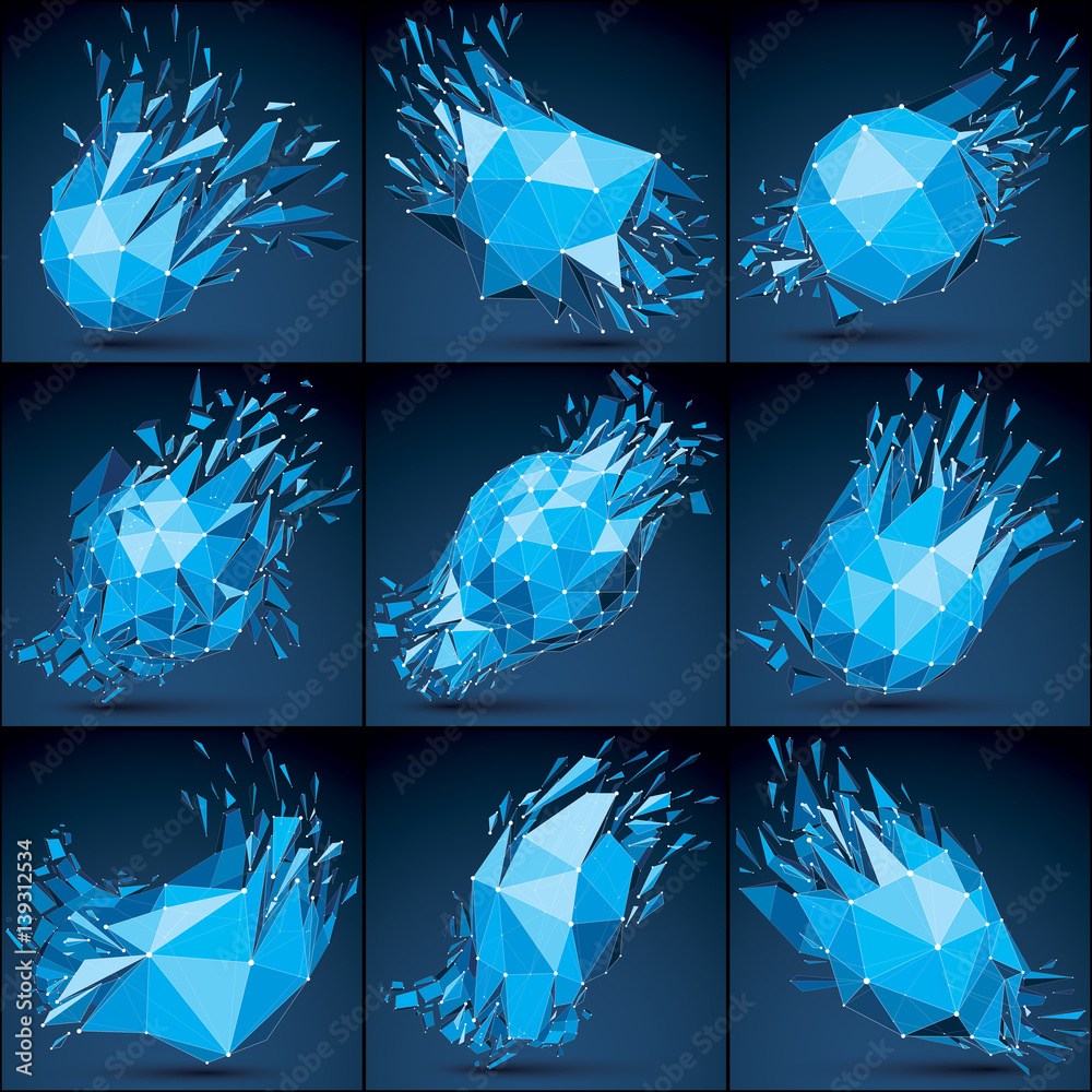Poster vector dimensional wireframe luminescent objects collection with blue connected lines, demolished sh