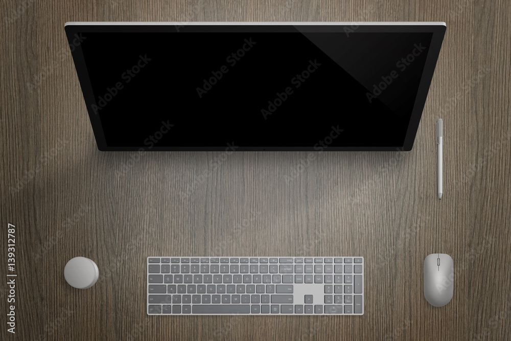Poster Modern computer touch display for designer. Top view scene with pen, dial, keyboard and mouse. Blank screen for mockup.