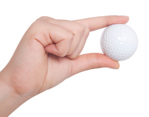 hand holds a ball for golf is isolated on a white background