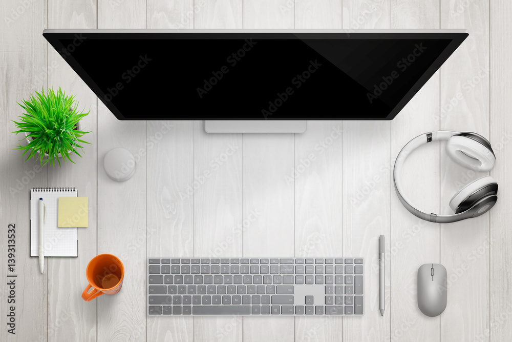 Poster white modern desk with computer display. free space for text. top view. headset, pad, plant, mug, ke