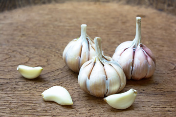 Garlic on wooden vintage background.
